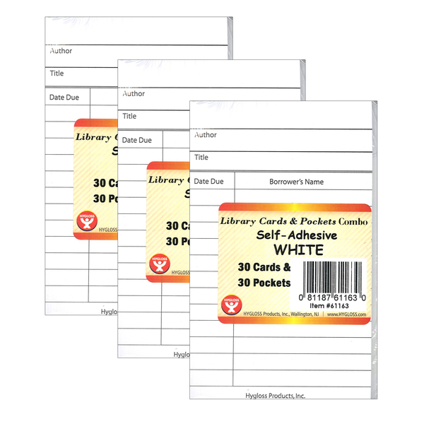 Hygloss Products Library Cards + Self-Adhesive Pockets Combo, White, 30 of Each, PK3 61163